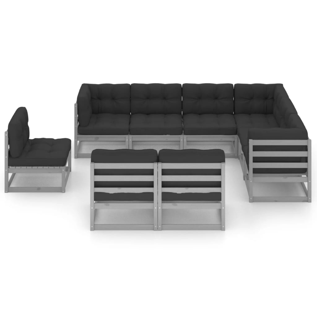 9-tlg. Garten-Lounge-Set mit Kissen Grau Kiefer Massivholz